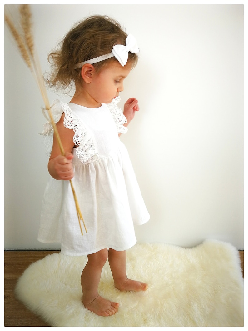 Rustic flower girl dress, christening dress, white linen baptism baby dress, boho toddler girl vintage dress, ruffle lace girl dress, image 3