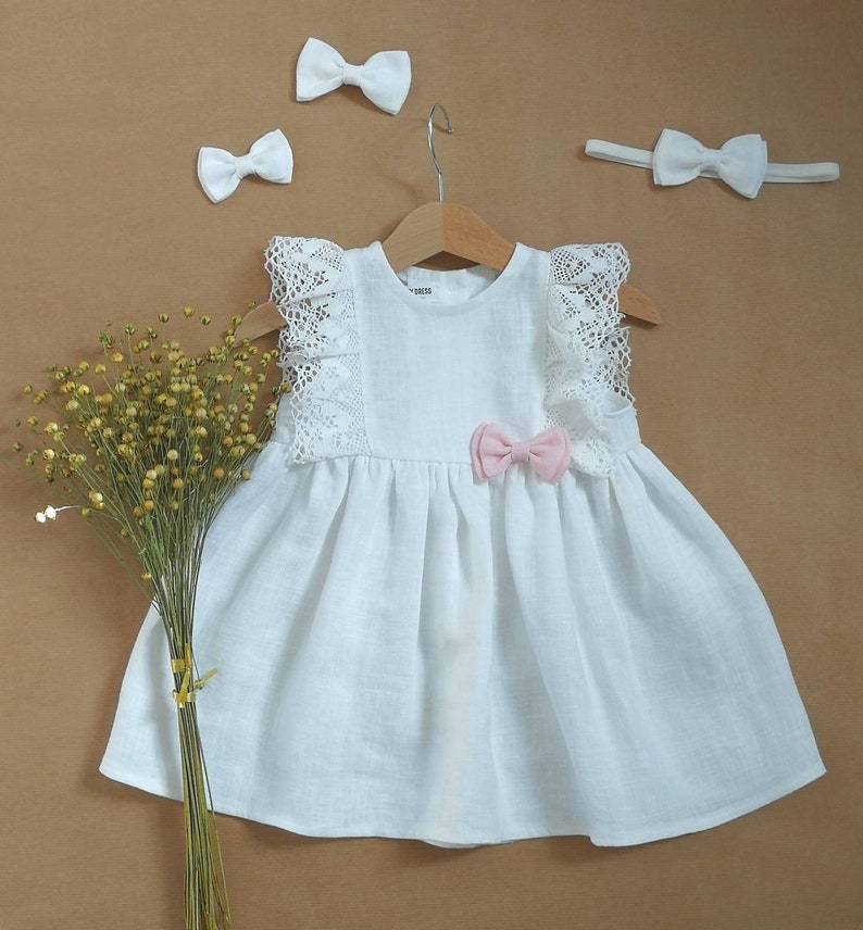 Baptism dress simple white linen baby dress christening lace Etsy