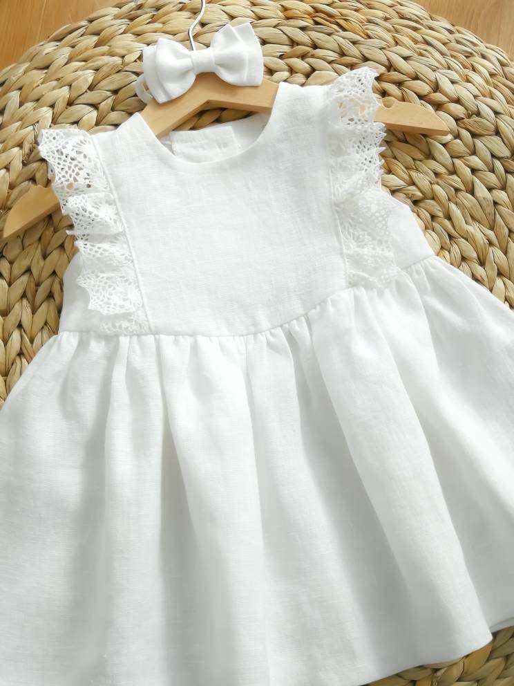 Linen Christening Dress Flower Girl Lace Dress White Linen - Etsy