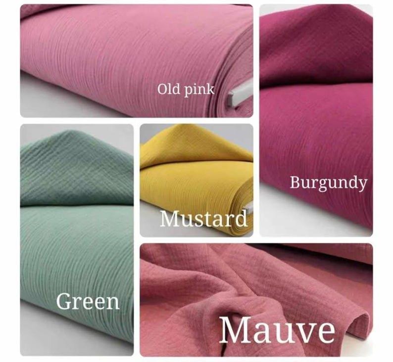 May include: A collage of fabric samples in various colors. The colors include old pink, green, mustard, burgundy, and mauve. Each fabric is rolled up, and the color names are written on the image.