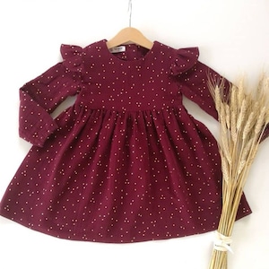 Burgundy dress baby girl, first birthday long sleeve dress toddler, double gauze muslin sparkling dots dress, rust flower girl dress,