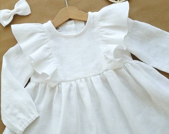 Long sleeve linen christening dress baby, flower girl dress, 1st birthday dress,white baptism dress toddler, baptism gown baby girl