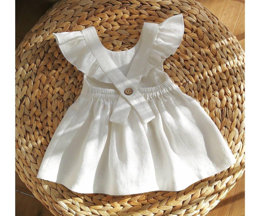 White Flower Girl Dress Linen Ruffle Pinafore Baby Dress - Etsy