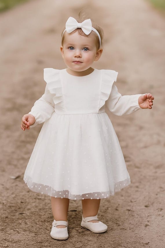 Robe De Baptême En Dentelle Au Crochet Avec Col Rond Et Manches