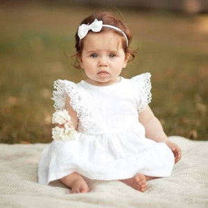Rustic flower girl dress, christening dress, white linen baptism baby dress, boho toddler girl vintage dress, ruffle lace girl dress,