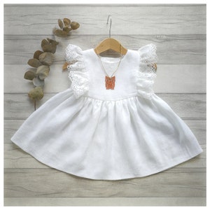 Lace flower girl dress, baptism dress simple, white linen baby dress, christening lace dress, Toddler boho vintage dress,