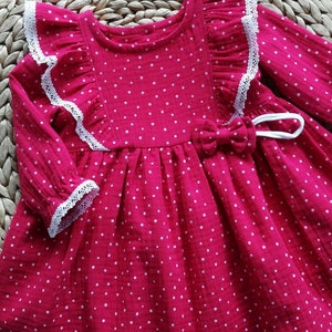 Roze jurk babymeisje, eerste verjaardag lange mouw jurk peuter, dubbele gaas mousseline stippen jurk, roest bloemenmeisje jurk, fuchsia kleur jurk afbeelding 2