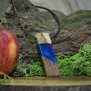 May include: A wooden pendant with blue and red resin inlay, hanging from a brown leather cord. The pendant is on a wooden surface with moss and a red apple.