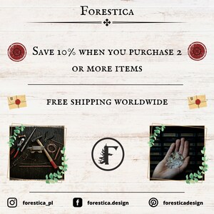 May include: A graphic with the text "FORESTICA" in a black font with a decorative cross symbol. The text "SAVE 10% WHEN YOU PURCHASE 2 OR MORE ITEMS" is in black font. The text "FREE SHIPPING WORLDWIDE" is in black font. The graphic includes a logo with the letter "F" and a pine tree. The text "forestica_pl" is in black font. The text "forestica.design" is in black font. The text "foresticadesign" is in black font.