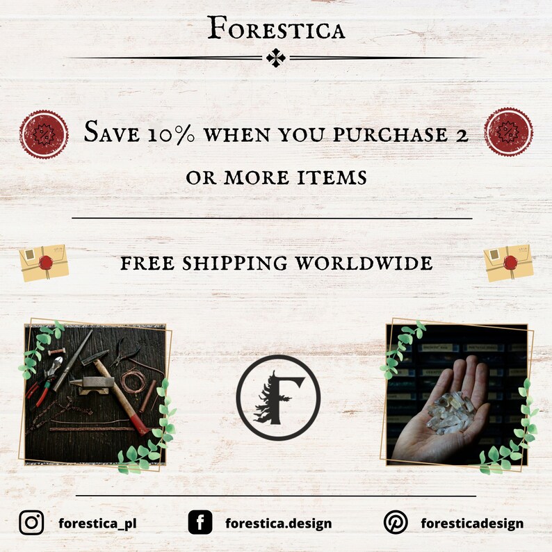May include: A graphic with the text "FORESTICA" in a black font with a decorative cross symbol. The text "SAVE 10% WHEN YOU PURCHASE 2 OR MORE ITEMS" is in black font. The text "FREE SHIPPING WORLDWIDE" is in black font. The graphic includes a logo with the letter "F" and a pine tree. The text "forestica_pl" is in black font. The text "forestica.design" is in black font. The text "foresticadesign" is in black font.