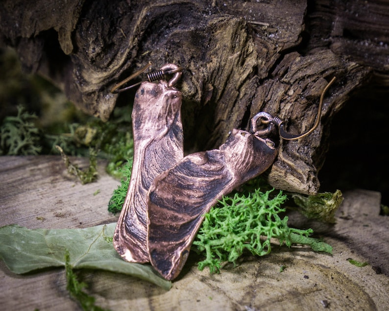 Forest Witch Green Witch Slavic Pagan Woodland Earrings Medieval Jewellery Copper Maple Seed Botanical Jewelry