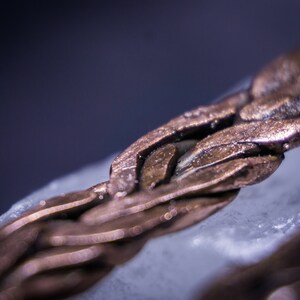 May include: Close-up of a braided copper wire with a textured surface. The wire is twisted and intertwined, creating a complex pattern.