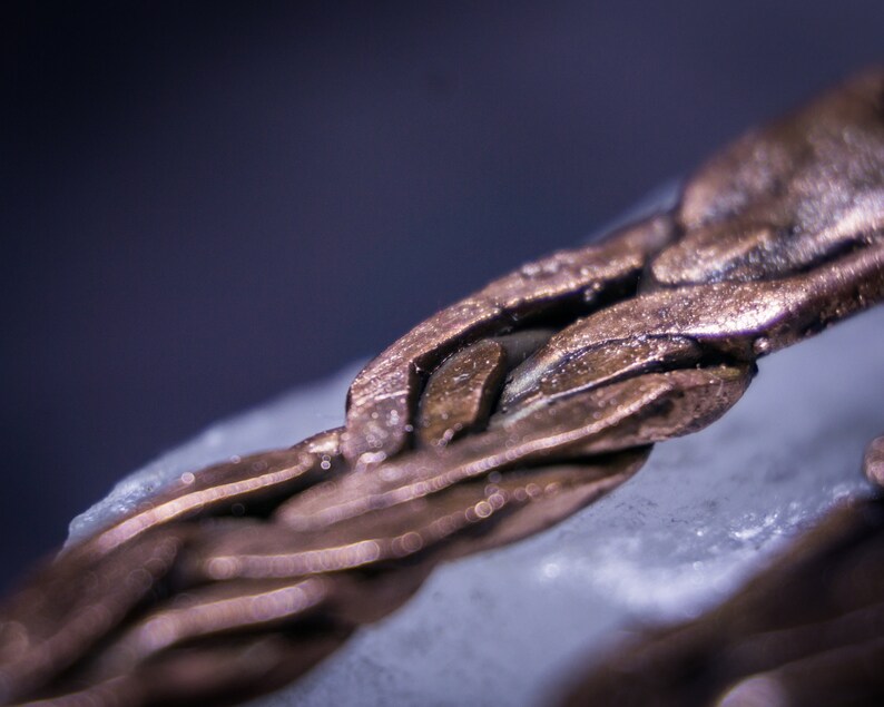 May include: Close-up of a braided copper wire with a textured surface. The wire is twisted and intertwined, creating a complex pattern.