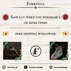 May include: A graphic with the text "FORESTICA" in a black font with a decorative cross symbol. The text "SAVE 10% WHEN YOU PURCHASE 2 OR MORE ITEMS" is in black font. The text "FREE SHIPPING WORLDWIDE" is in black font. The text "forestica_pl" is in black font. The text "forestica.design" is in black font. The text "foresticadesign" is in black font. The graphic also includes a logo with the letter "F" in a black font with a pine tree design inside the letter. The graphic also includes a photo of a hand holding a pile of clear quartz crystals.