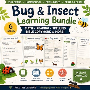May include: A 6-page bug and insect learning bundle for 2nd grade homeschool, featuring faith-based math, reading, and spelling worksheets. The pages include Bible copywork, butterfly life cycle diagrams, math problems, and spelling word lists.