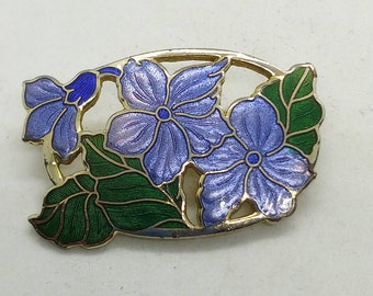 Vintage 1980s Cloisonne Enamel Fish & Crown Violets Brooch