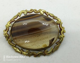 Beautiful Antique Victorian 1880s Banded Agate & Pinchbeck Brooch