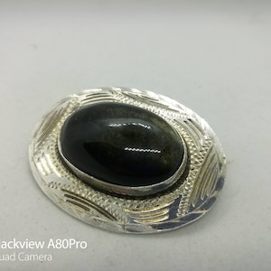 Vintage 1950er Sterling Silber 925 & Obsidian Mayan &#39;GURD&#39; Brosche/ Anhänger