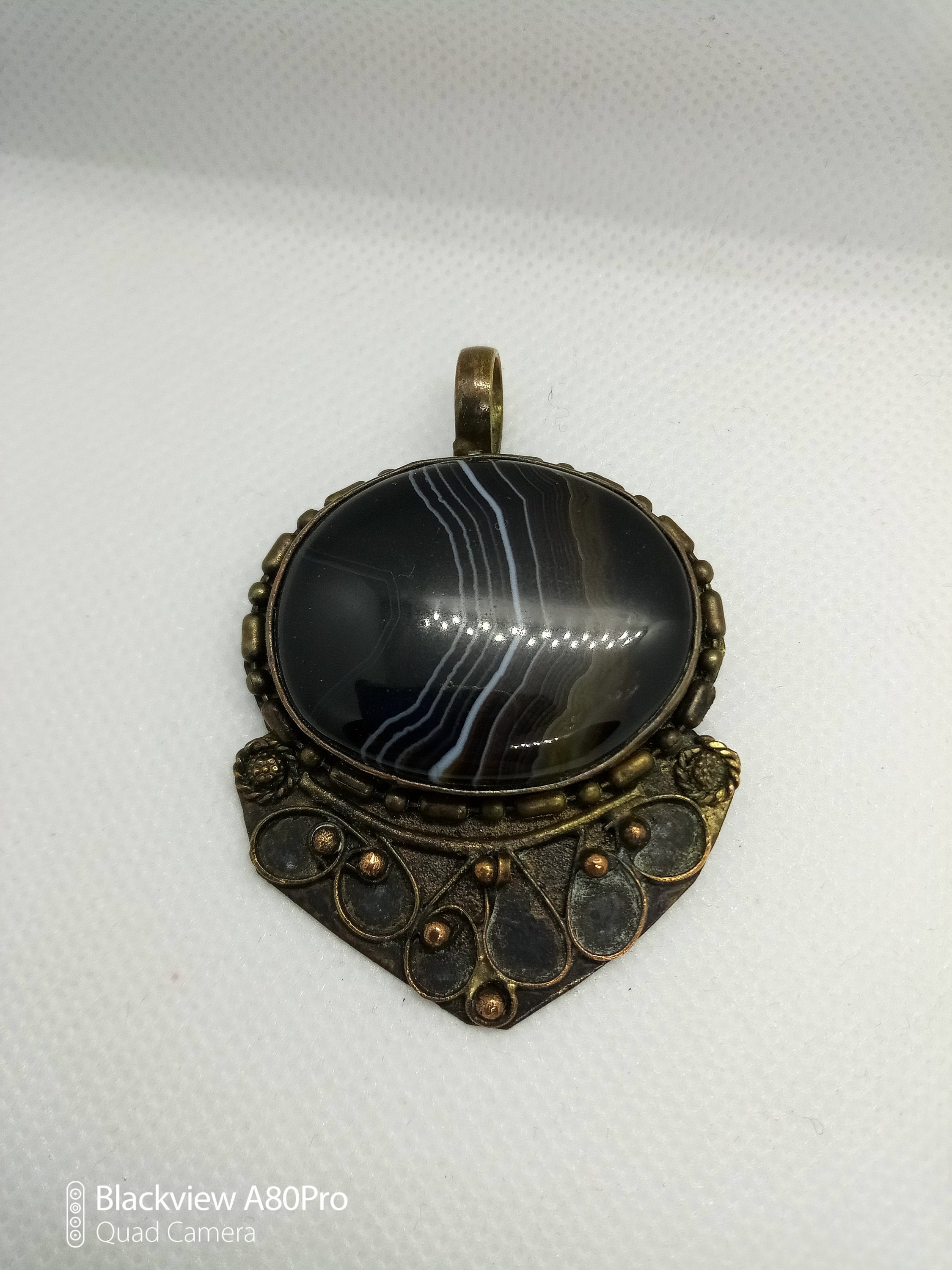Vintage 1970s Brass & Banded Agate Heavy Chunky Pendant