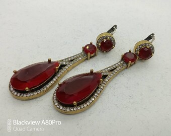 Stunning Vintage 1980s Sterling Silver 925, Gilt, Red Glass & Cubic Zirconia Pierced Cocktail Earrings