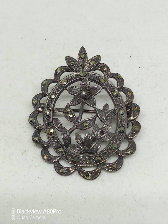 Vintage 1970s Sterling Silver 925 & Marcasite Framed Flower