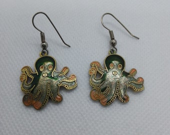 Cute Vintage 1980s Sea Gems Green Cloisonne Enamel Octopus Earrings