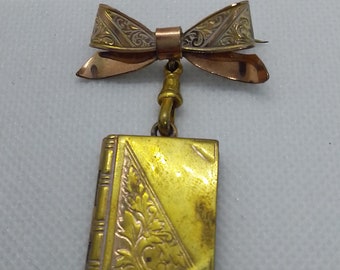 Antique Edwardian 1910s Incredible Gold Plated Bow & Bible/ Book Locket Brooch