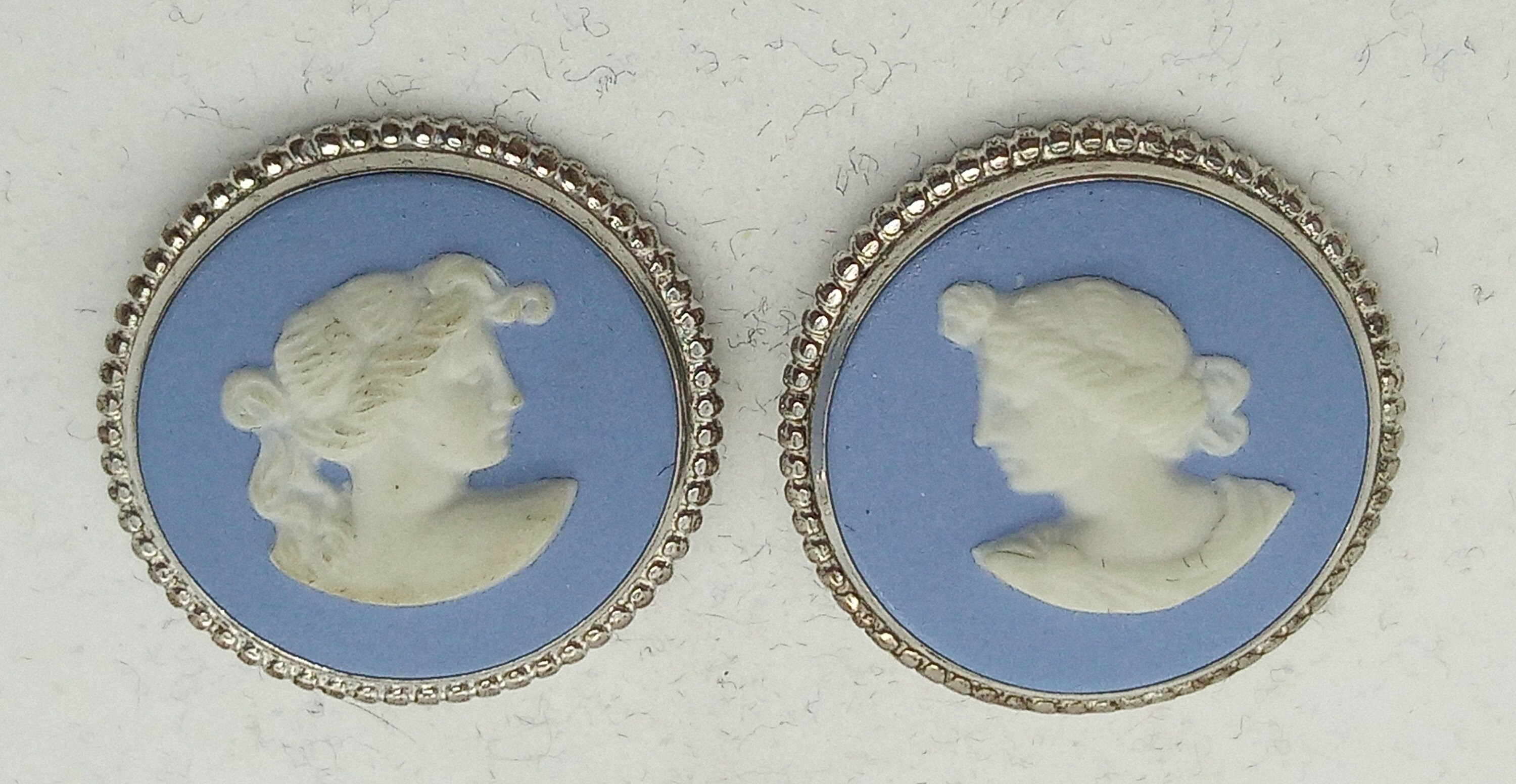 Lovely Vintage 1970s Sterling Silver 925 Blue Wedgwood Jasperware Clip Earrings