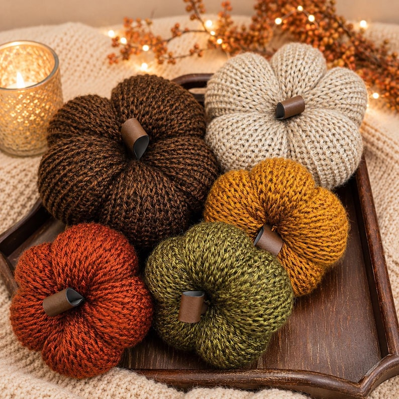 May include: A collection of five knitted pumpkins in various colors including dark brown, beige, mustard yellow, olive green, and burnt orange. Each pumpkin features a smooth, dark brown stem and a textured, ribbed knit surface, arranged together.