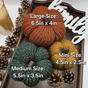 May include: Three knitted pumpkins in rust orange, dark green, and mustard yellow, each with a brown stem. Text labels indicate sizes: Large 6.5in x 4in, Medium 5.5in x 3.5in, and Mini 4.5in x 2.5in. The pumpkins are arranged on a dark wooden tray.