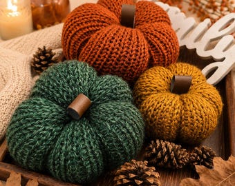 Handmade Knit Pumpkins: Farmhouse Fall Decor, Cozy Thanksgiving Centerpiece, Rustic Tiered Tray Accent