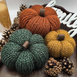 May include: Three knitted pumpkins in shades of orange, green, and yellow, each with a brown stem. The pumpkins are arranged on a wooden tray with pine cones and a white sign that says "family".