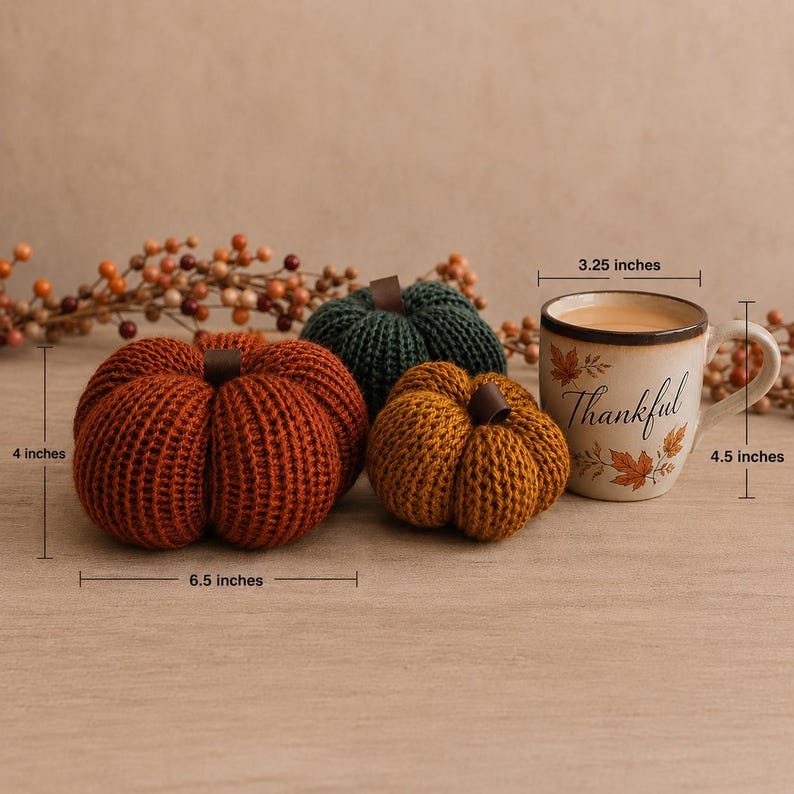 May include: Three knitted pumpkins in rust, dark green, and mustard yellow, each with a brown stem, alongside a ceramic mug with the text Thankful and leaf illustrations. The largest pumpkin is 6.5 inches wide and 4 inches tall; the mug is 3.25 inches wide.