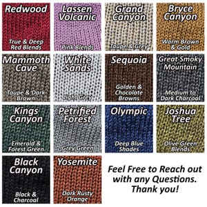 May include: A grid of sixteen squares displaying various knitted yarn color swatches, each labeled with a name and color description. The text includes names like Redwood, Lassen Volcanic, Grand Canyon, and Bryce Canyon, ending with Feel Free to Reach out with any Questions. Thank you!