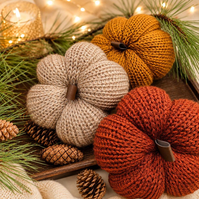 May include: Three decorative pumpkins crafted from knit fabric in shades of beige, mustard yellow, and burnt orange. Each pumpkin features a smooth, dark brown stem accent at the center, showcasing a textured, ribbed knit pattern throughout.