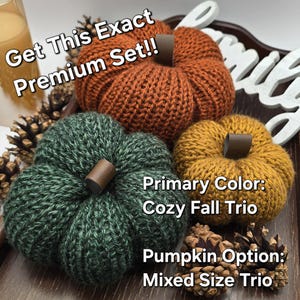 May include: A set of three knitted pumpkins in orange, dark green, and mustard yellow, each featuring a brown leather-like stem. The text "Get This Exact Premium Set!!", "Primary Color: Cozy Fall Trio", and "Pumpkin Option: Mixed Size Trio" is visible.