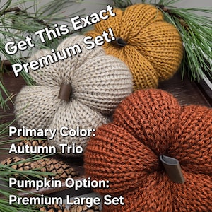 May include: A set of three knitted pumpkins in mustard yellow, beige, and burnt orange, each featuring a dark brown stem. The image includes the text: Get This Exact Premium Set! Primary Color: Autumn Trio Pumpkin Option: Premium Large Set.