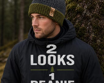 Mens Reversible Knit Beanie: Double Layer Winter Hat, Teen or Adult Gift