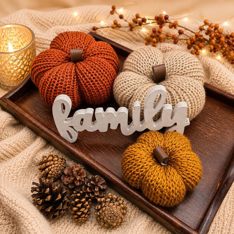 Handmade Knit Pumpkins: Farmhouse Fall Decor, Cozy Thanksgiving Centerpiece, Rustic Tiered Tray Accent image 5