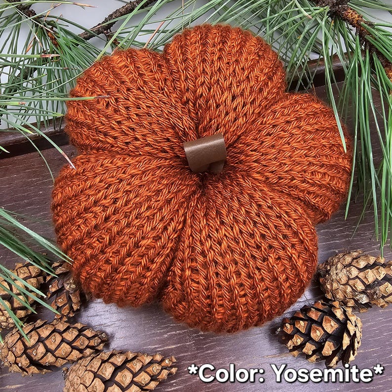 May include: A round, knitted pumpkin in a vibrant burnt orange color, featuring a textured ribbed pattern and a small, smooth brown leather stem at the center. The pumpkin is displayed alongside natural pine needles and several brown pinecones.
