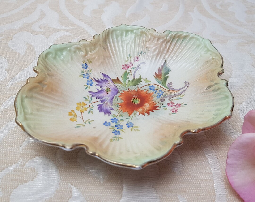 Antique Carlton Ware Fluted Floral Gilded Trinket Dish 1900s Carlton