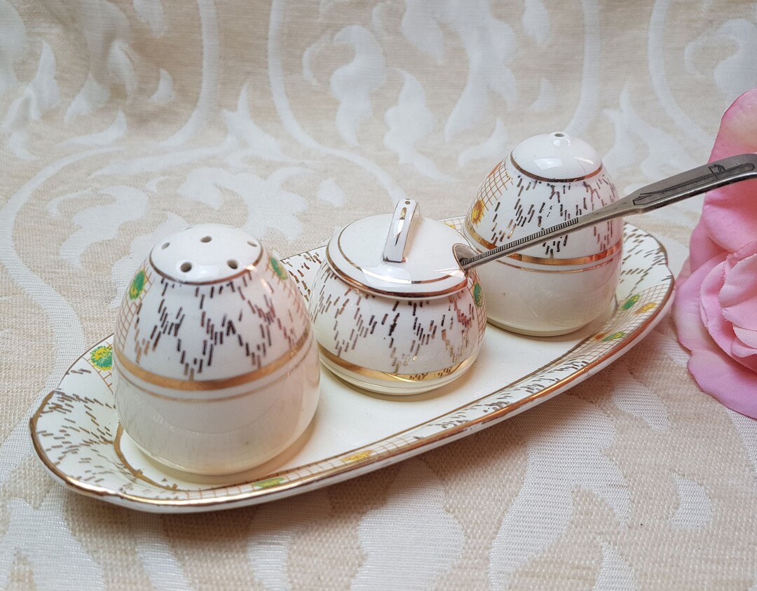 Vintage Palissy England China Cruet Set Pepper, Salt and Mustard Pot