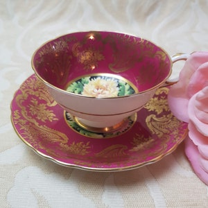 PARAGON England Double Warrant Chrysanthemums Maroon Tea Cup and Saucer Vintage 1950's with Gold Gilt Trim Rare A 1544