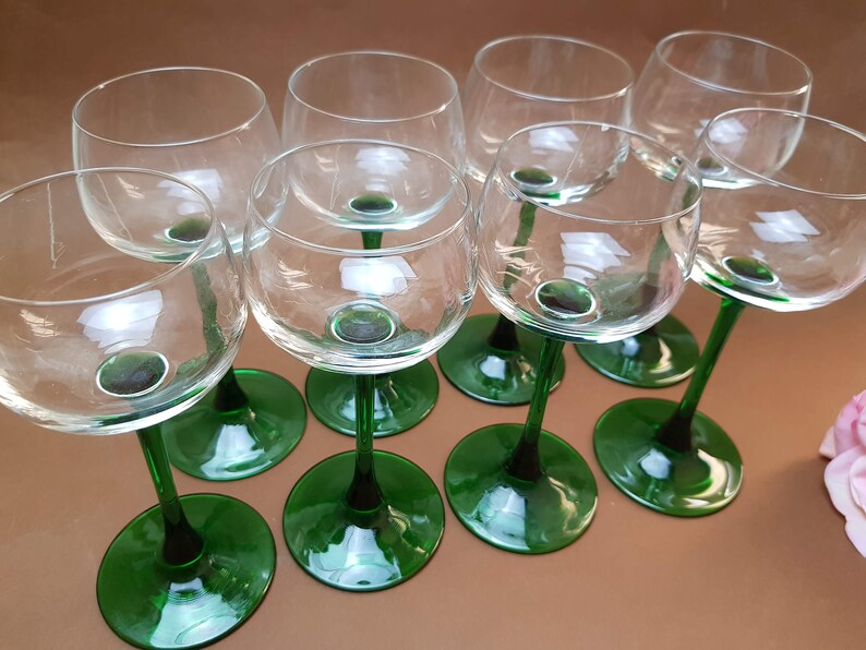 Vintage Luminarc 1970s Tall Green Stemmed Wine Glasses Set of 8 Mid