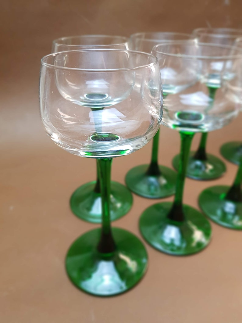 Vintage Luminarc 1970s Tall Green Stemmed Wine Glasses Set of 8 Mid