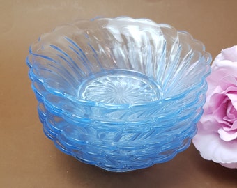 6 art deco blue glass Bagley Carnival bowls by Bagley 1930s | Set of 6 deco blue glass swirl pattern pudding bowls
