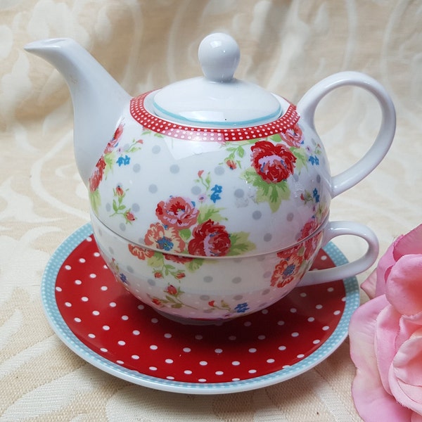 Red and Blue Flowers Tea For One Tea Pot & Cup | Earl and Wilson Teapot Cup Red Roses | Kath Kidson Style Print Teapot for One