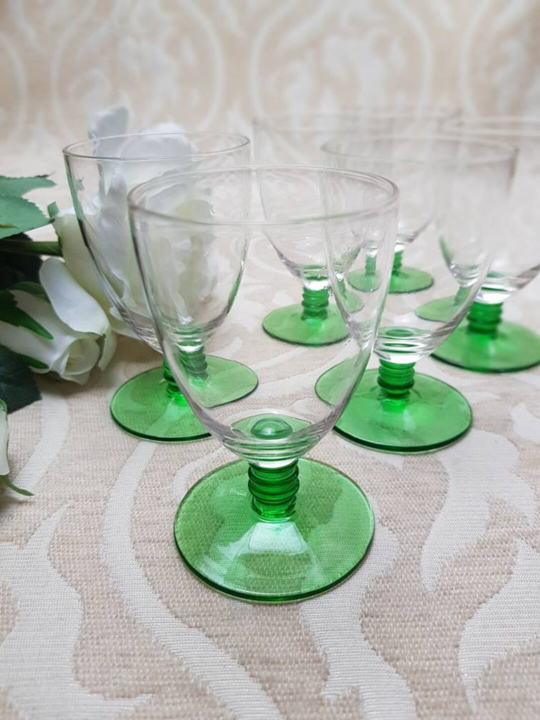 Set of 6 Vintage Green Ribbed Stemmed Sherry Glasses With Etsy