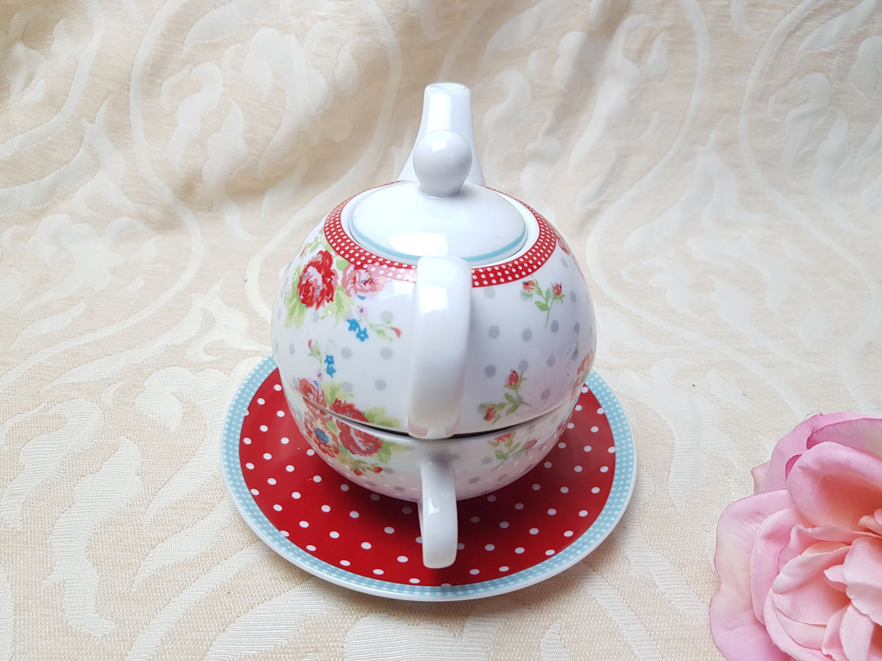 Red and Blue Flowers Tea for One Tea Pot & Cup Earl and Wilson Teapot Cup Red Roses Kath Kidson