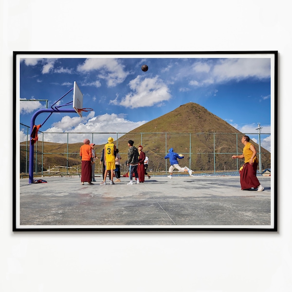 Basketball poster with monks, China wall art, Street photography print, travel printable postcard, birthday gift for basketball fan